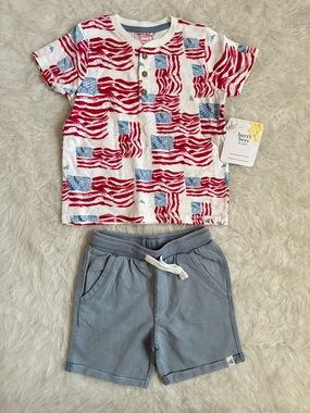 Burt's Bees Baby Festive Red, Blue & White Flag Print Henley Tee & Shorts Set